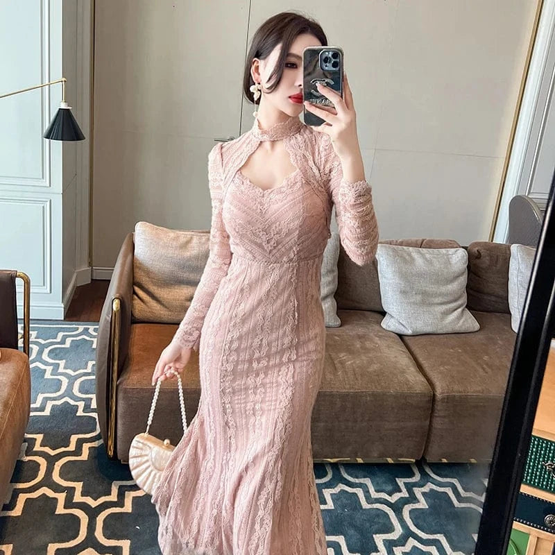 ZYHT 20939 Dropshipping Trending Women Lace Embroidered Elegant Dress Cut Out Sexy Sheer Party Gown Long Dress