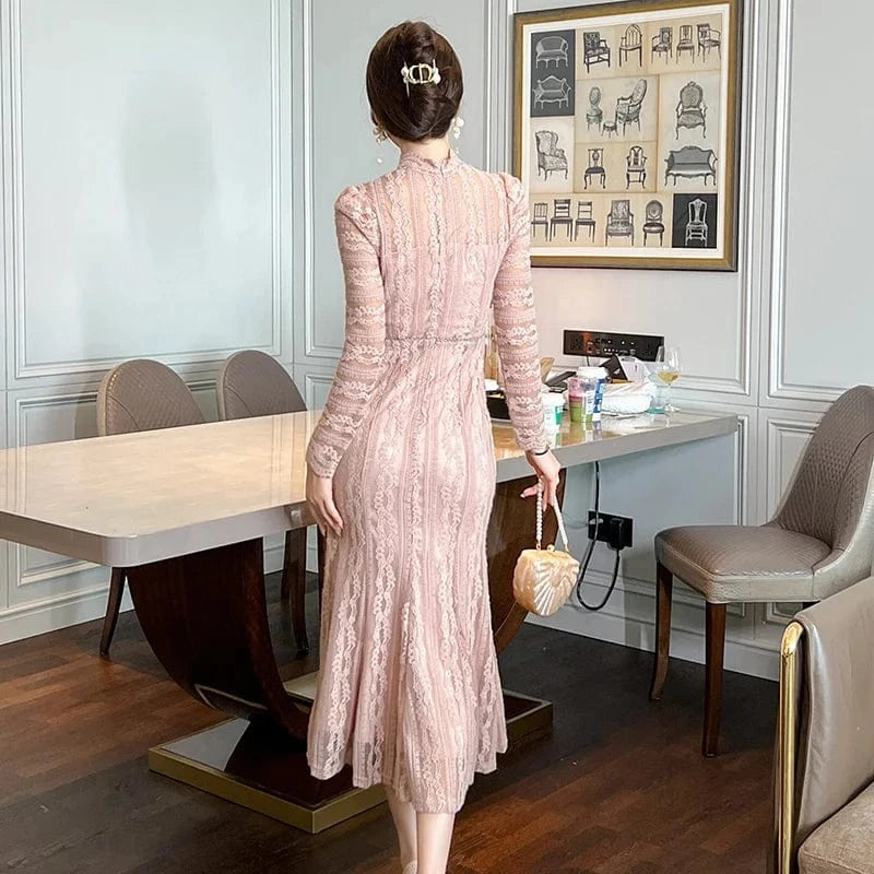 ZYHT 20939 Dropshipping Trending Women Lace Embroidered Elegant Dress Cut Out Sexy Sheer Party Gown Long Dress