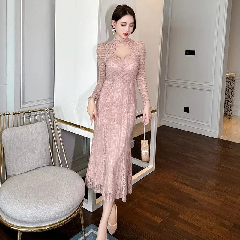 ZYHT 20939 Dropshipping Trending Women Lace Embroidered Elegant Dress Cut Out Sexy Sheer Party Gown Long Dress