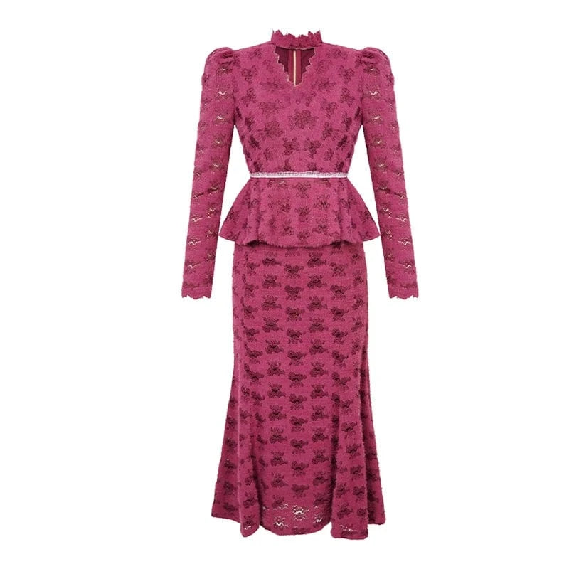 ZYHT 20949 High Collar Casual Long Sleeve Lace Tunic and Skirt Set Hollow-out Blouse Long Skirt Women Suit