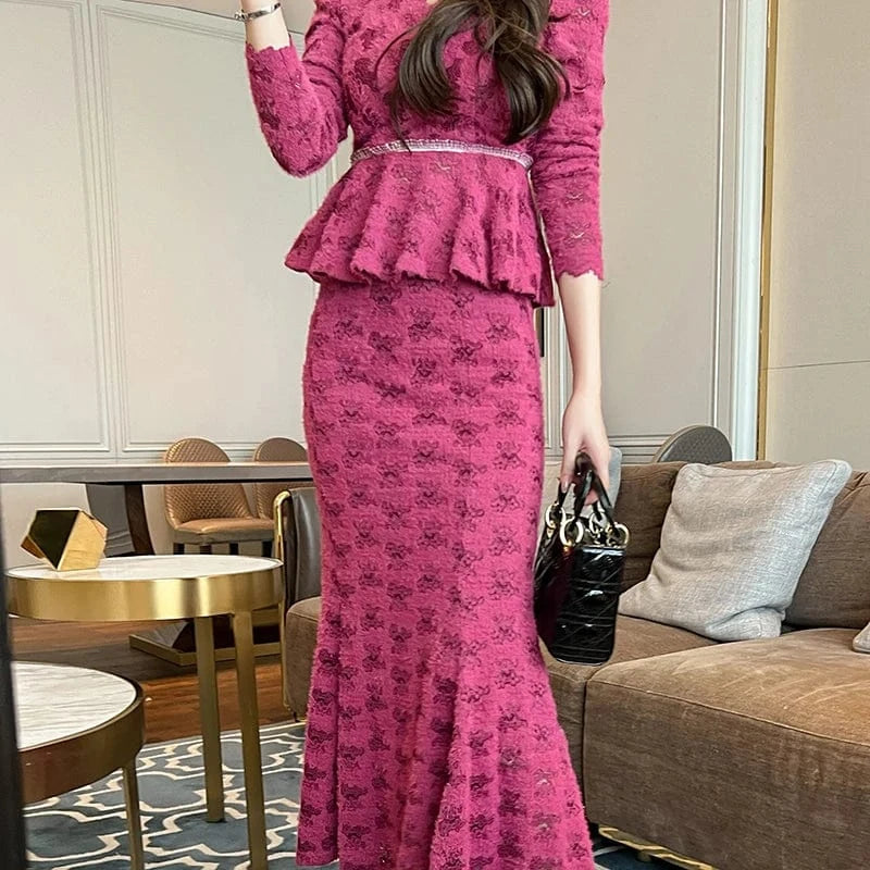 ZYHT 20949 High Collar Casual Long Sleeve Lace Tunic and Skirt Set Hollow-out Blouse Long Skirt Women Suit
