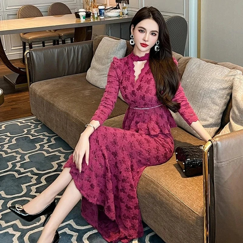 ZYHT 20949 High Collar Casual Long Sleeve Lace Tunic and Skirt Set Hollow-out Blouse Long Skirt Women Suit