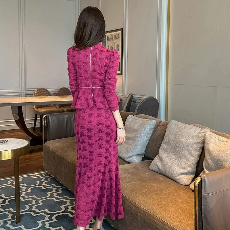 ZYHT 20949 High Collar Casual Long Sleeve Lace Tunic and Skirt Set Hollow-out Blouse Long Skirt Women Suit