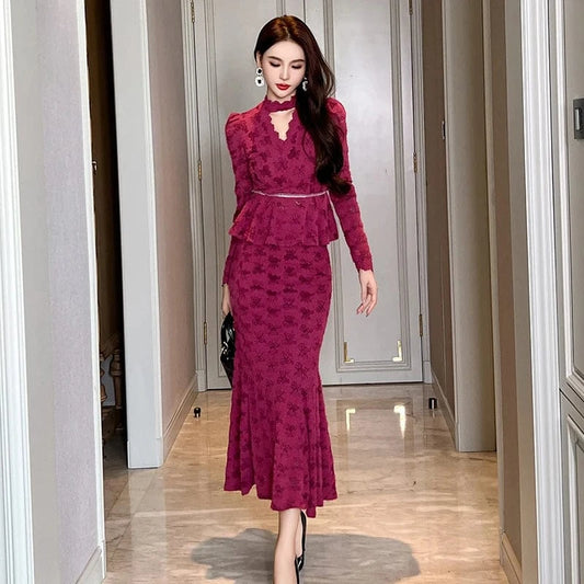 ZYHT 20949 High Collar Casual Long Sleeve Lace Tunic and Skirt Set Hollow-out Blouse Long Skirt Women Suit