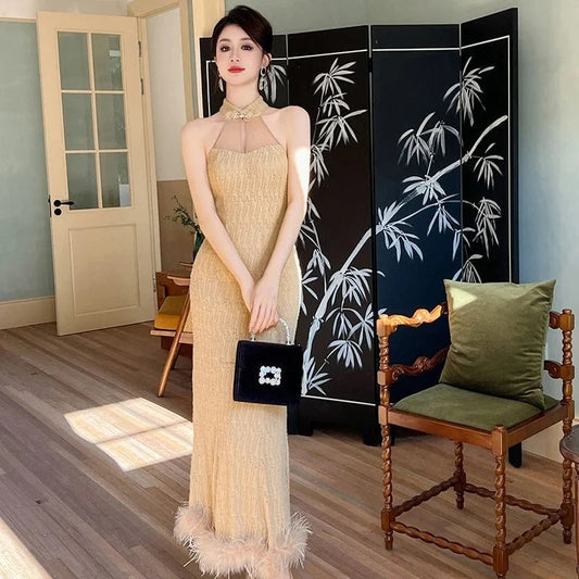 ZYHT 20959 Hollow Out Halter Sleeveless Mermaid Evening Party Dress Knitting Sexy Maxi Dresses with Feather