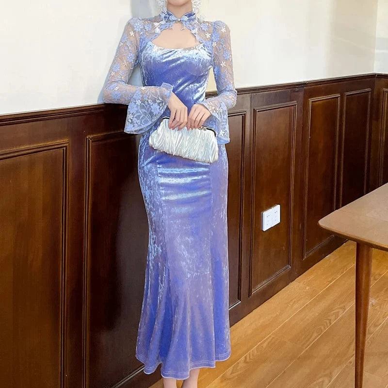 ZYHT 20961 Sexy Cut Out Lace Velvet Patchwork Fit and Flare Maxi Dress Mock Neck Long Cheongsam Qipao Dress