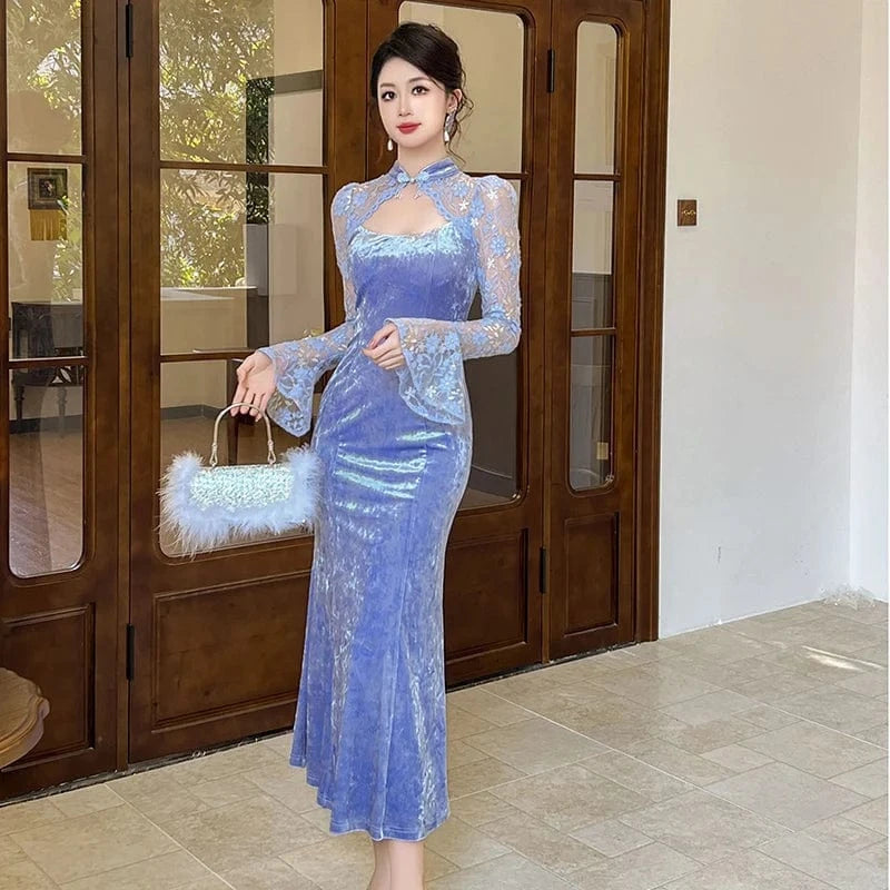 ZYHT 20961 Sexy Cut Out Lace Velvet Patchwork Fit and Flare Maxi Dress Mock Neck Long Cheongsam Qipao Dress