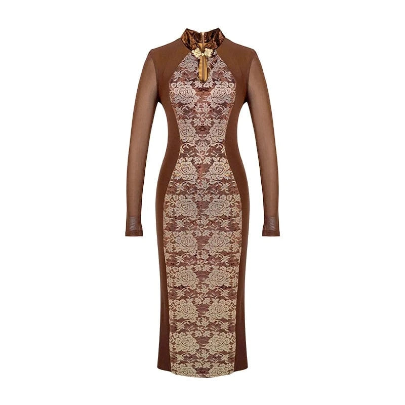 ZYHT 20980 Casual Improved Chinese Traditional Mesh Cheongsam Dress Mandarin Collar Brown Cut-out Floral Dress