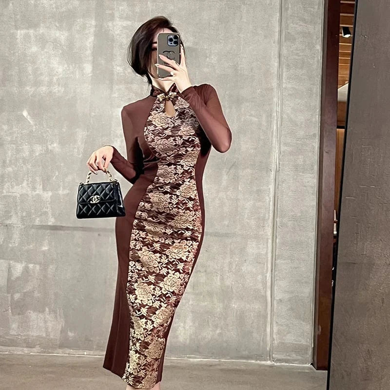 ZYHT 20980 Casual Improved Chinese Traditional Mesh Cheongsam Dress Mandarin Collar Brown Cut-out Floral Dress