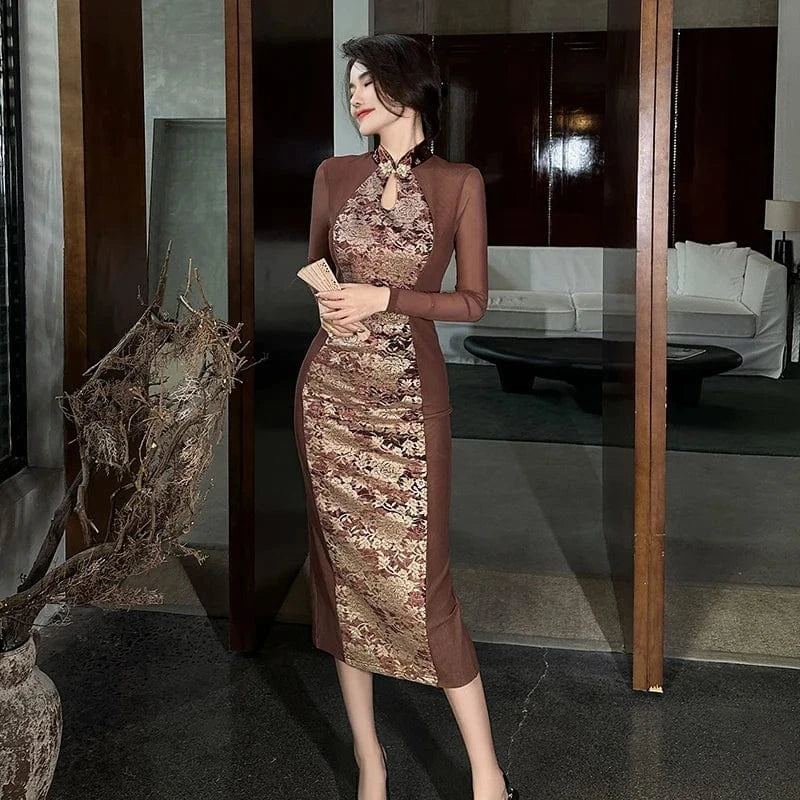 ZYHT 20980 Casual Improved Chinese Traditional Mesh Cheongsam Dress Mandarin Collar Brown Cut-out Floral Dress