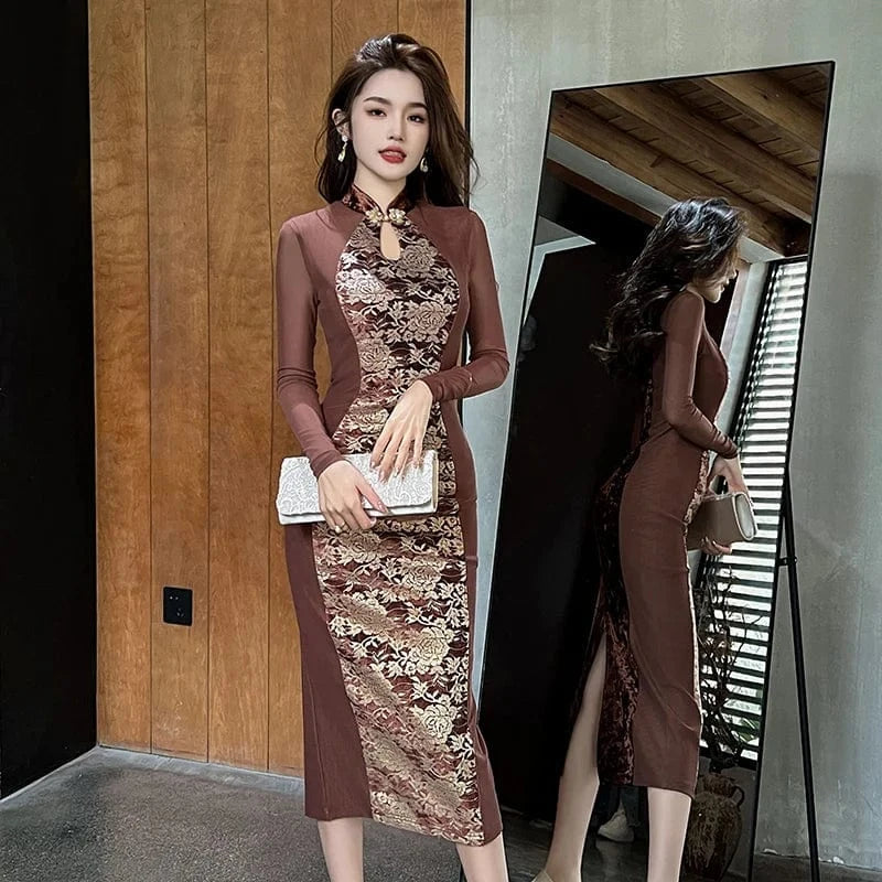 ZYHT 20980 Casual Improved Chinese Traditional Mesh Cheongsam Dress Mandarin Collar Brown Cut-out Floral Dress