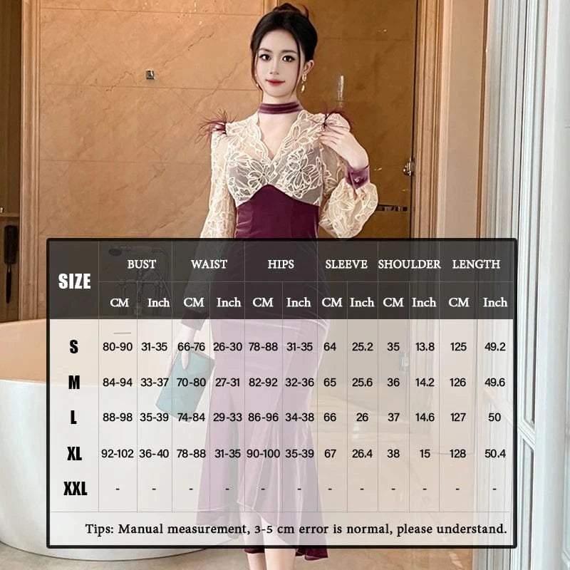 ZYHT 20982 Cut-Out High Neck Lace Patchwork Asymmetrical Dress Feather Decor Bubble Sleeve Big Swing Velvet Dress