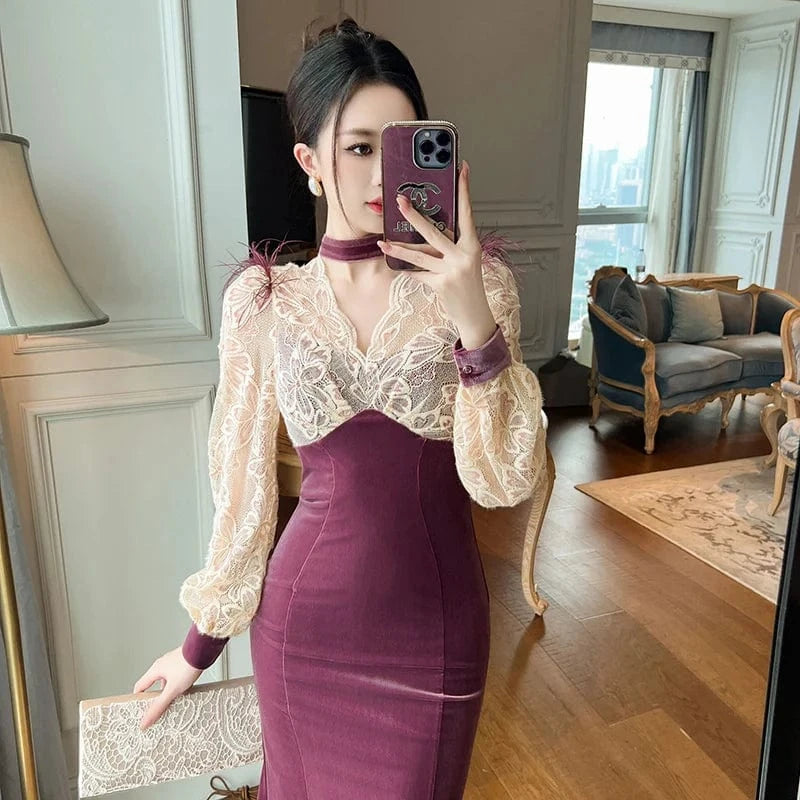 ZYHT 20982 Cut-Out High Neck Lace Patchwork Asymmetrical Dress Feather Decor Bubble Sleeve Big Swing Velvet Dress