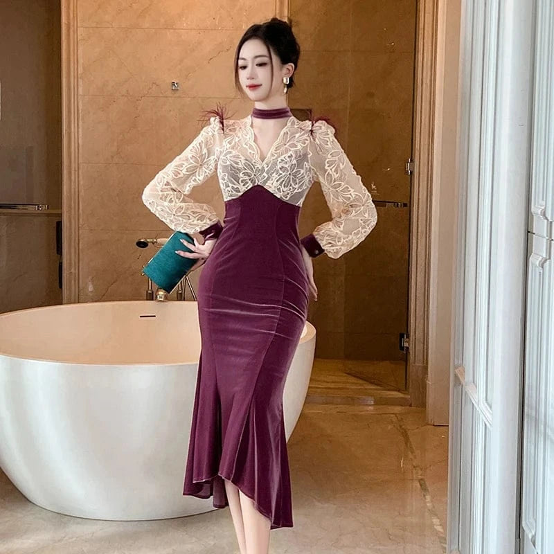 ZYHT 20982 Cut-Out High Neck Lace Patchwork Asymmetrical Dress Feather Decor Bubble Sleeve Big Swing Velvet Dress