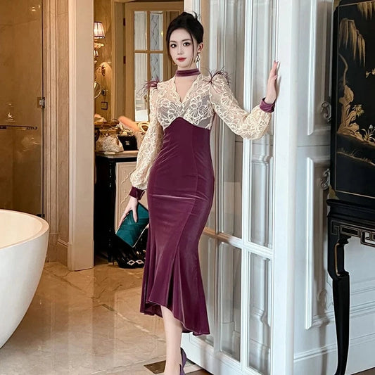 ZYHT 20982 Cut-Out High Neck Lace Patchwork Asymmetrical Dress Feather Decor Bubble Sleeve Big Swing Velvet Dress