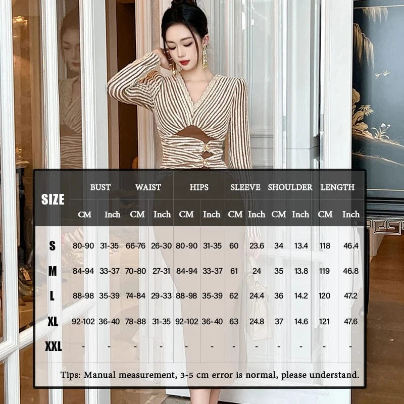 ZYHT 20994 Casual Retro Style Woven Cloth Stripe Midi Dress V-neck Wool Patchwork Side Slit One Piece Dresses