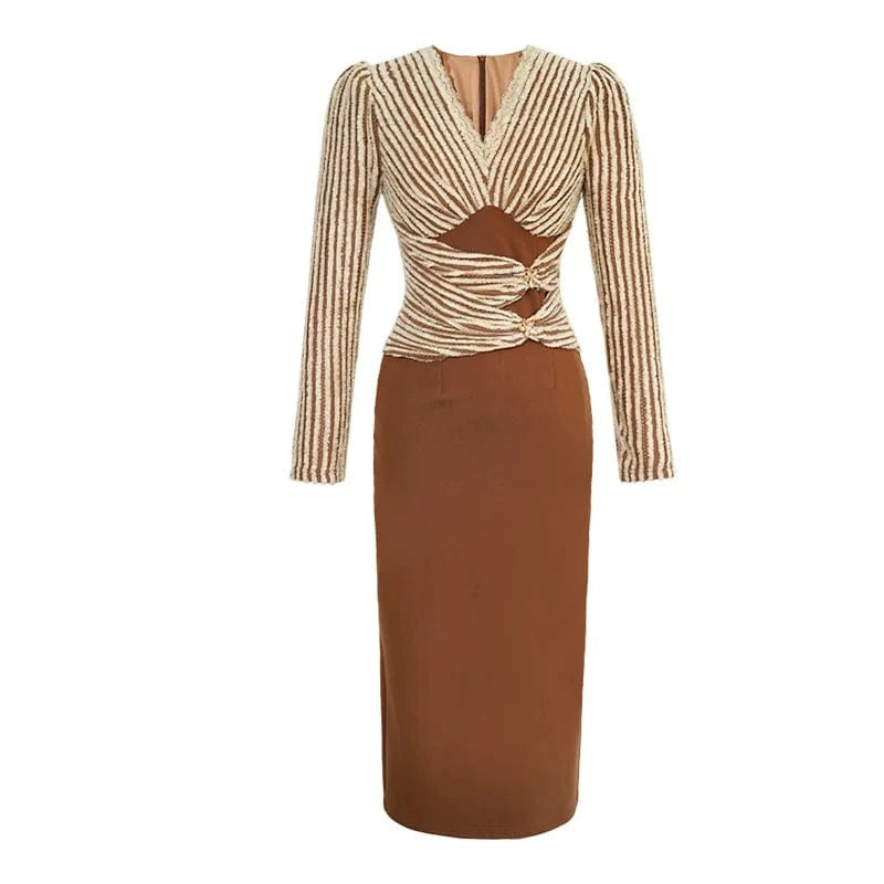 ZYHT 20994 Casual Retro Style Woven Cloth Stripe Midi Dress V-neck Wool Patchwork Side Slit One Piece Dresses