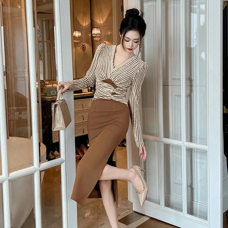 ZYHT 20994 Casual Retro Style Woven Cloth Stripe Midi Dress V-neck Wool Patchwork Side Slit One Piece Dresses