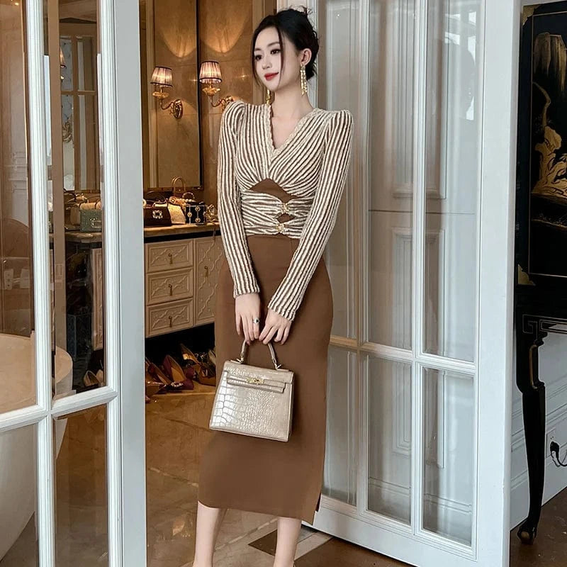 ZYHT 20994 Casual Retro Style Woven Cloth Stripe Midi Dress V-neck Wool Patchwork Side Slit One Piece Dresses