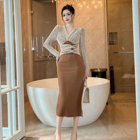 ZYHT 20994 Casual Retro Style Woven Cloth Stripe Midi Dress V-neck Wool Patchwork Side Slit One Piece Dresses