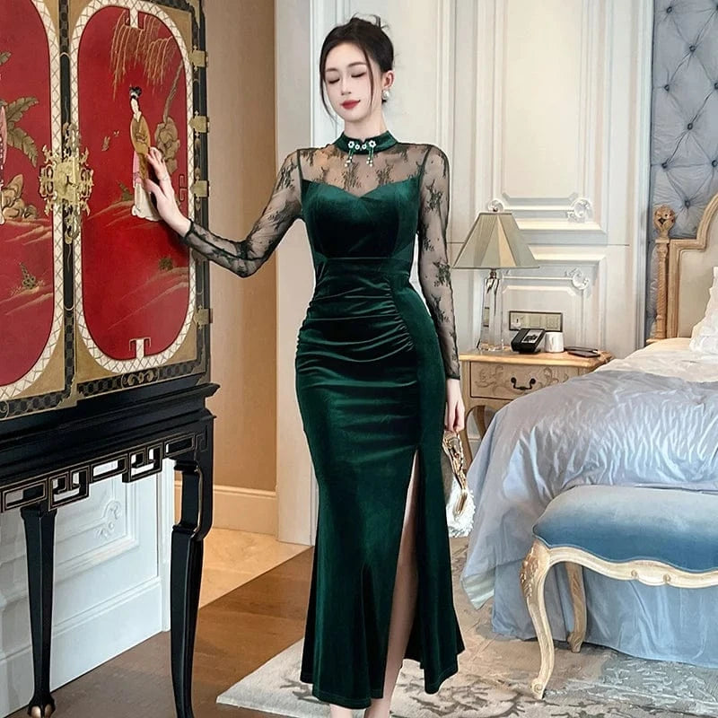 ZYHT 20996 Eco-Friendly Woven Cloth Lace Corset Velvet Long Dress Elegant Embroidered Trumpet Dresses for Lady