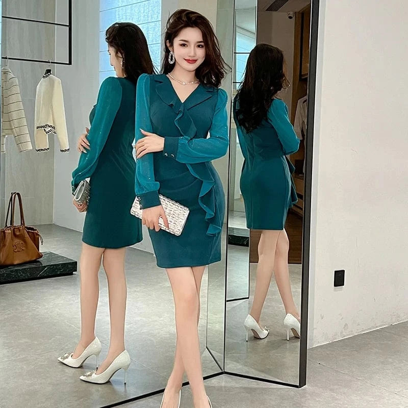 ZYHT 21027 In Stock Ruffled Gauze Long Sleeve Mini Dress Eco-Friendly V-Neck Design Office Ladies Green Dress