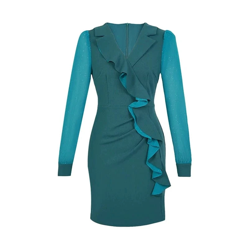 ZYHT 21027 In Stock Ruffled Gauze Long Sleeve Mini Dress Eco-Friendly V-Neck Design Office Ladies Green Dress