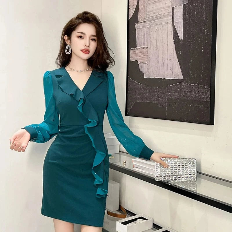 ZYHT 21027 In Stock Ruffled Gauze Long Sleeve Mini Dress Eco-Friendly V-Neck Design Office Ladies Green Dress