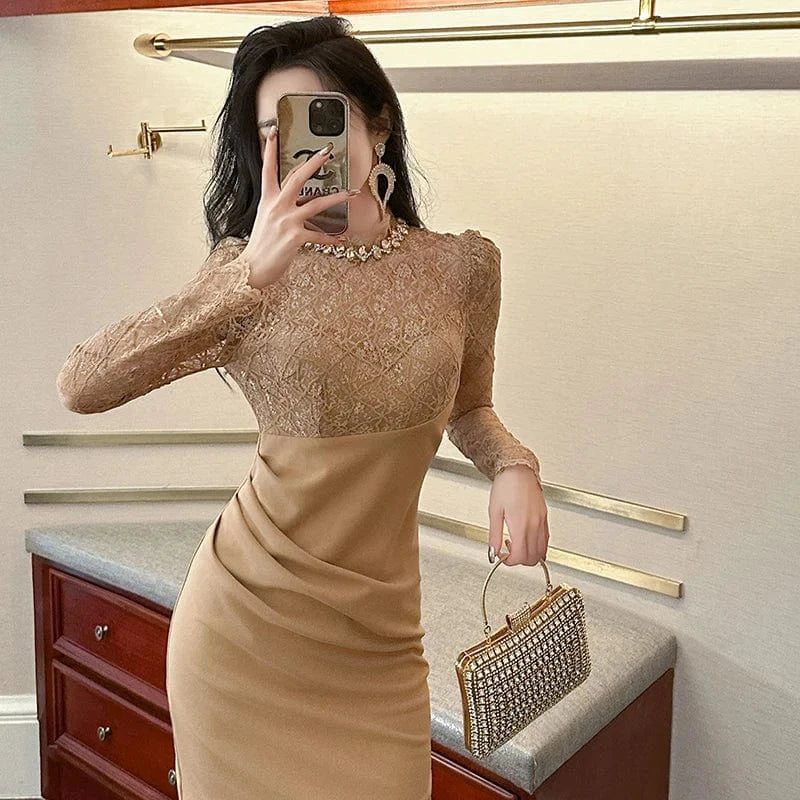 ZYHT 21030 Spring Women Stand Collar Rhinestone Lace Patchwork Mini Dress Embroidery Ruched Short Dress Vestidos