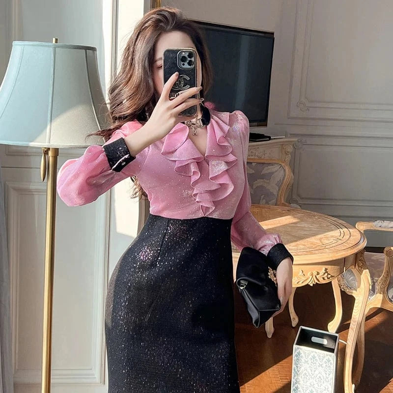 ZYHT 21032 French Flounce V-Neck Shiny Pink and Black Dress Cut-out Slim Fit Straight Dress with Diamonds