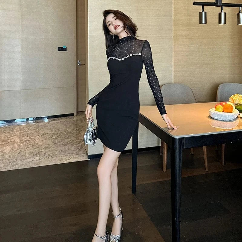 ZYHT 21038 Stand Collar Perspective Black Casual Polka Dot Women's Dress Rhinestone Decor Simple Short Dress
