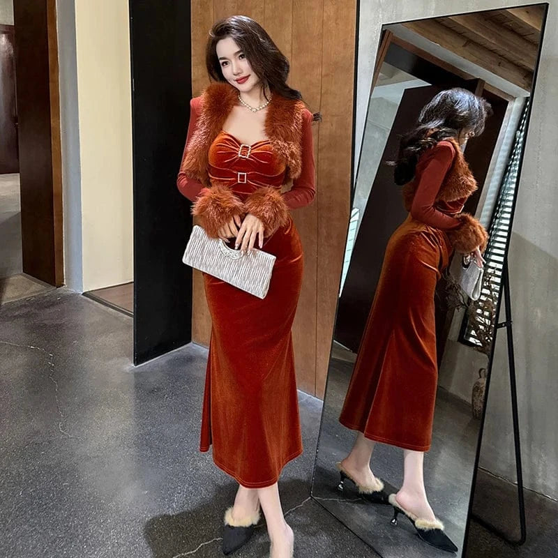 ZYHT 21039 Diamond Buckle Spaghetti Straps Casual Corset Party Dress Backless Sexy Velvet Slip Fishtail Dress