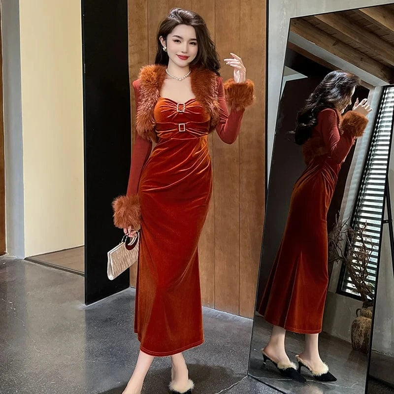 ZYHT 21040 Knitted Fur Patchwork Design Women's Crop Coats Fashion Caramel Long Sleeve Sexy Short Cardigans