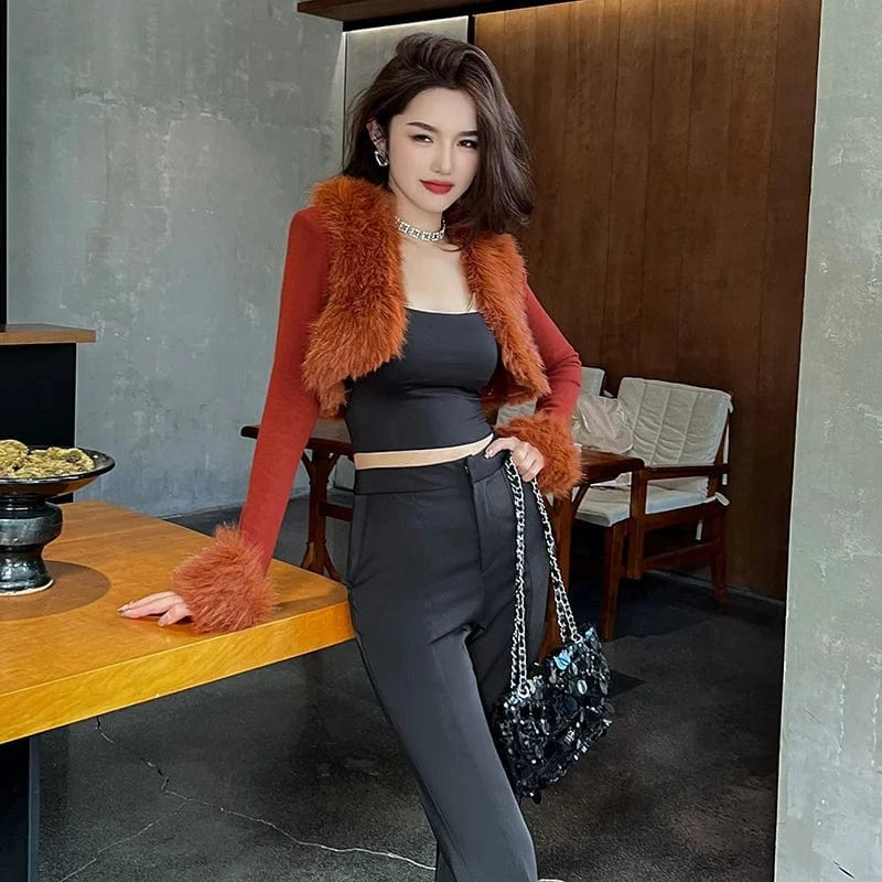 ZYHT 21040 Knitted Fur Patchwork Design Women's Crop Coats Fashion Caramel Long Sleeve Sexy Short Cardigans