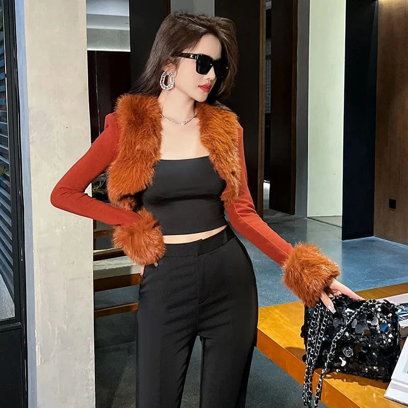 ZYHT 21040 Knitted Fur Patchwork Design Women's Crop Coats Fashion Caramel Long Sleeve Sexy Short Cardigans