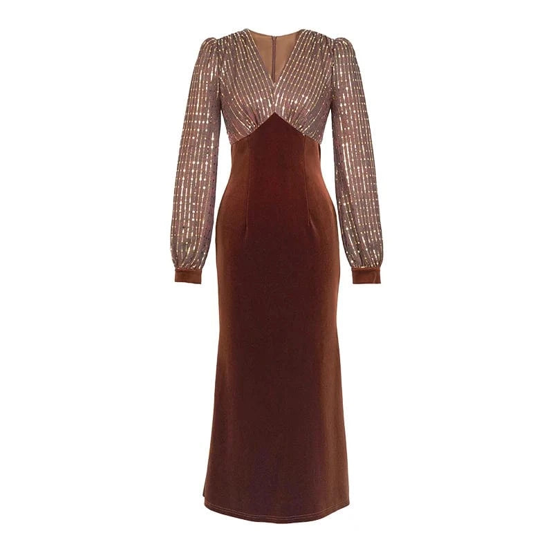ZYHT 21042 New Style Temperament Sustainable Sequins Dress Fit Slim Long Sleeve V-Neck Splicing Velvet Dress