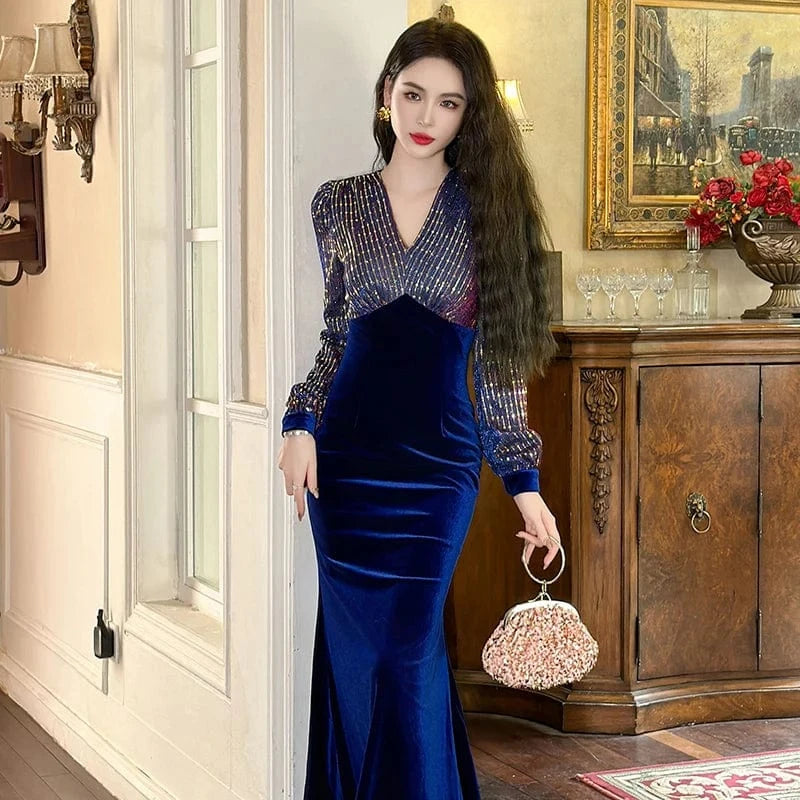 ZYHT 21042 New Style Temperament Sustainable Sequins Dress Fit Slim Long Sleeve V-Neck Splicing Velvet Dress