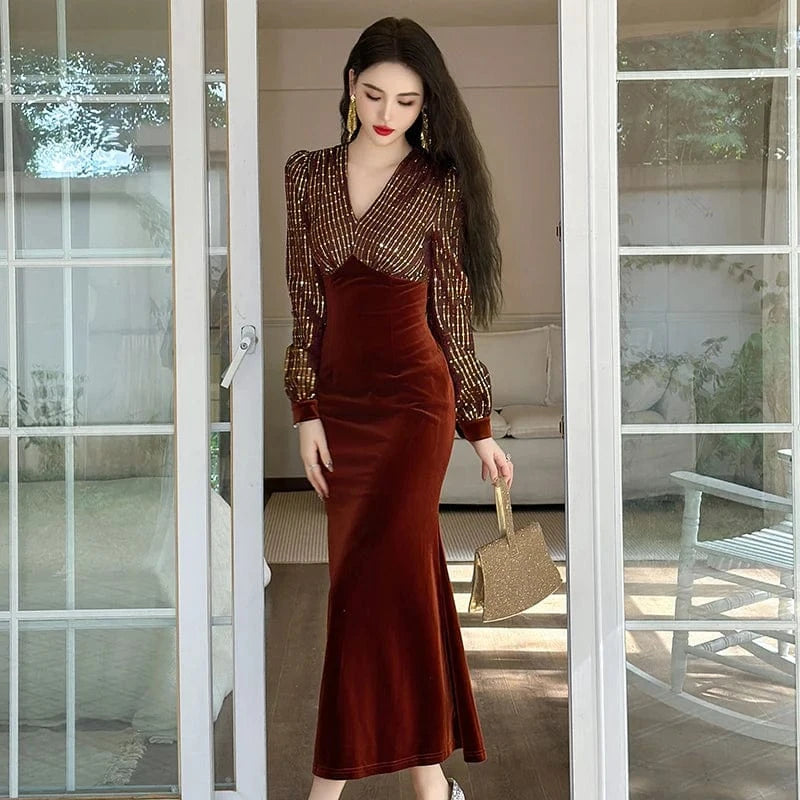 ZYHT 21042 New Style Temperament Sustainable Sequins Dress Fit Slim Long Sleeve V-Neck Splicing Velvet Dress
