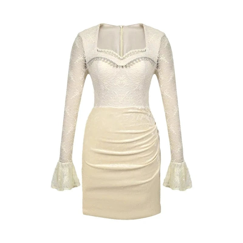 ZYHT 21057 See-Through Lace Sheer Velvet Patchwork Short Dress Flare Long Sleeve Mini Dress for Spring Season