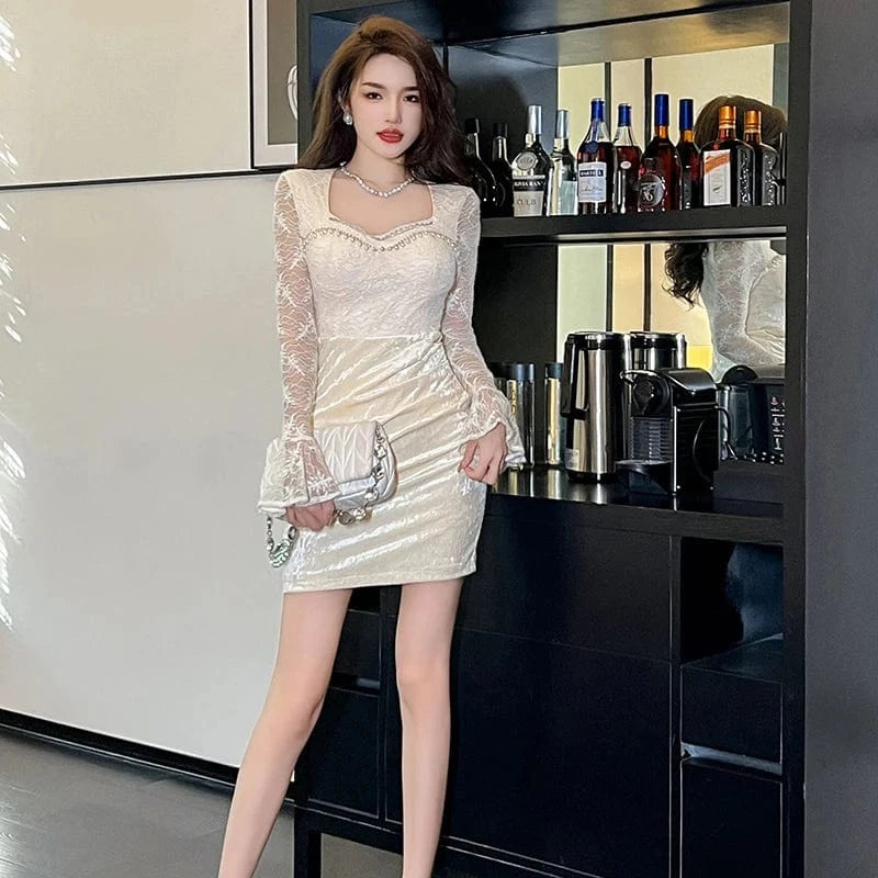 ZYHT 21057 See-Through Lace Sheer Velvet Patchwork Short Dress Flare Long Sleeve Mini Dress for Spring Season