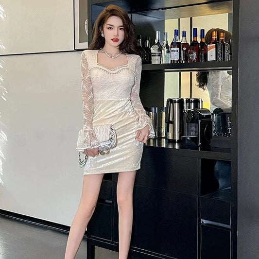 ZYHT 21057 See-Through Lace Sheer Velvet Patchwork Short Dress Flare Long Sleeve Mini Dress for Spring Season
