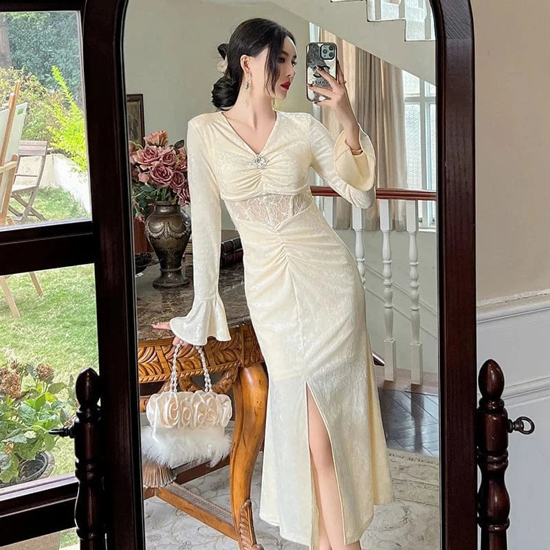 ZYHT 21062 Bell Sleeve Front Split Casual Big Swing Dresses Waist See-Through Lace Patchwork Velvet Slim Dress