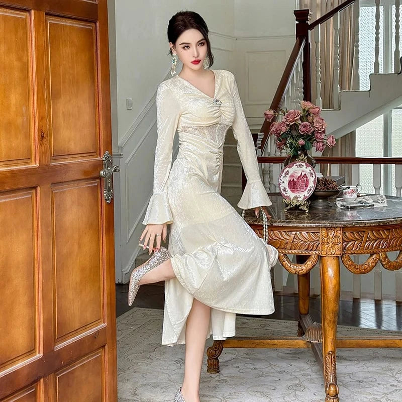 ZYHT 21062 Bell Sleeve Front Split Casual Big Swing Dresses Waist See-Through Lace Patchwork Velvet Slim Dress