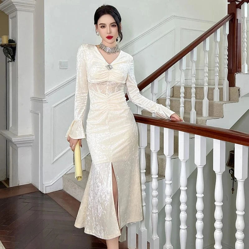 ZYHT 21062 Bell Sleeve Front Split Casual Big Swing Dresses Waist See-Through Lace Patchwork Velvet Slim Dress