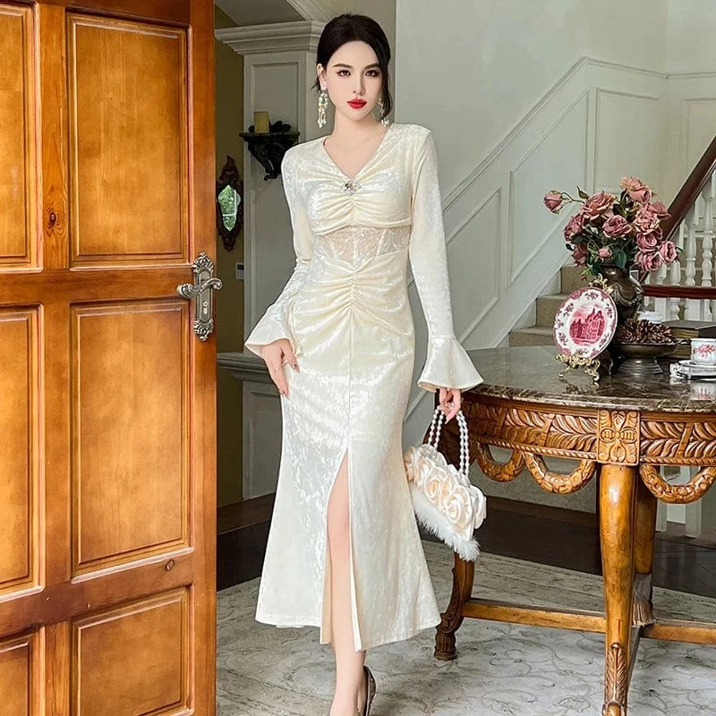 ZYHT 21062 Bell Sleeve Front Split Casual Big Swing Dresses Waist See-Through Lace Patchwork Velvet Slim Dress