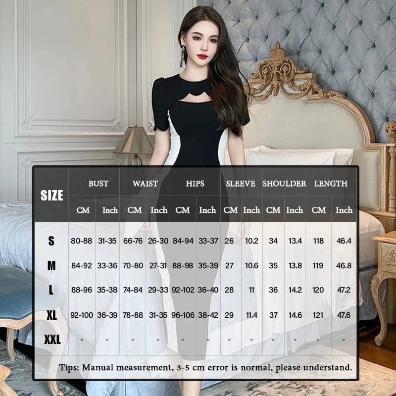 ZYHT 30491 Wholesale Black and White Contrast Color O Neck Office Lady Dresses Fashion Casual Hollow Out Long Dress