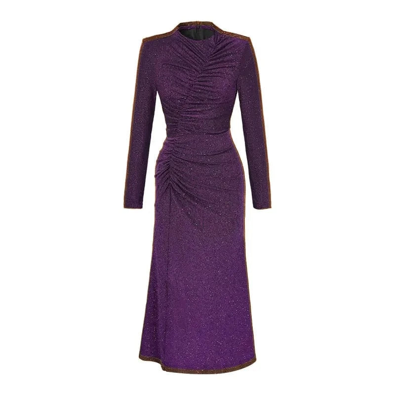 ZYHT 30615 In Stock Round Neck Solid Color Hip Wrap Pleated Mermaid Dress Sexy Tight Waist Shining Casual Dress