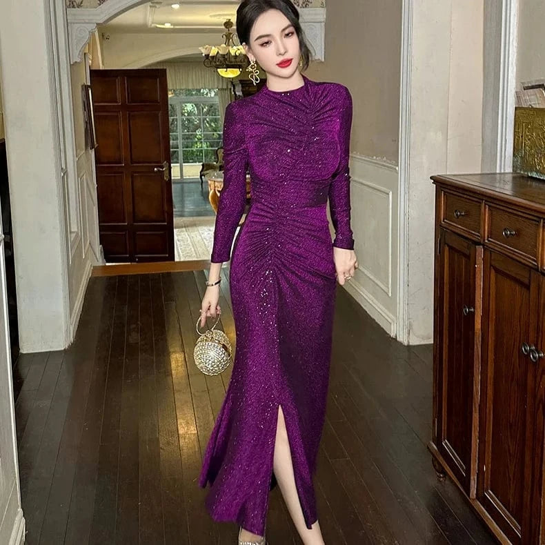 ZYHT 30615 In Stock Round Neck Solid Color Hip Wrap Pleated Mermaid Dress Sexy Tight Waist Shining Casual Dress