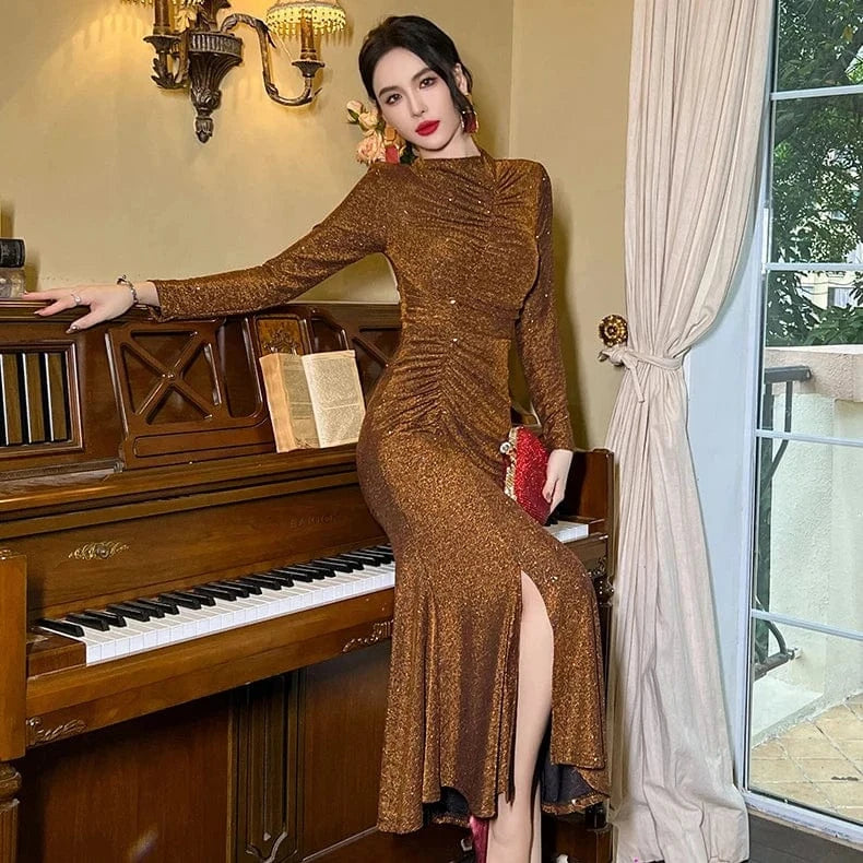 ZYHT 30615 In Stock Round Neck Solid Color Hip Wrap Pleated Mermaid Dress Sexy Tight Waist Shining Casual Dress