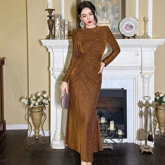 ZYHT 30615 In Stock Round Neck Solid Color Hip Wrap Pleated Mermaid Dress Sexy Tight Waist Shining Casual Dress